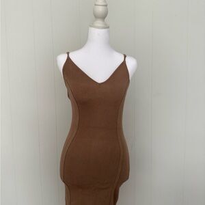 Sleek Brown Ribbed Bodycon Midi Dress
